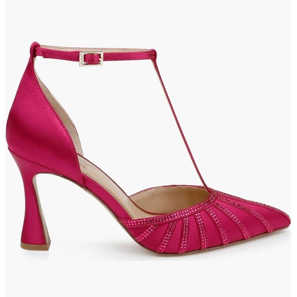 Jewel Badgley Mischka Mayra Fuchsia Pink Satin Crystal T-Strap Pumps Womens 6 - Picture 3 of 12